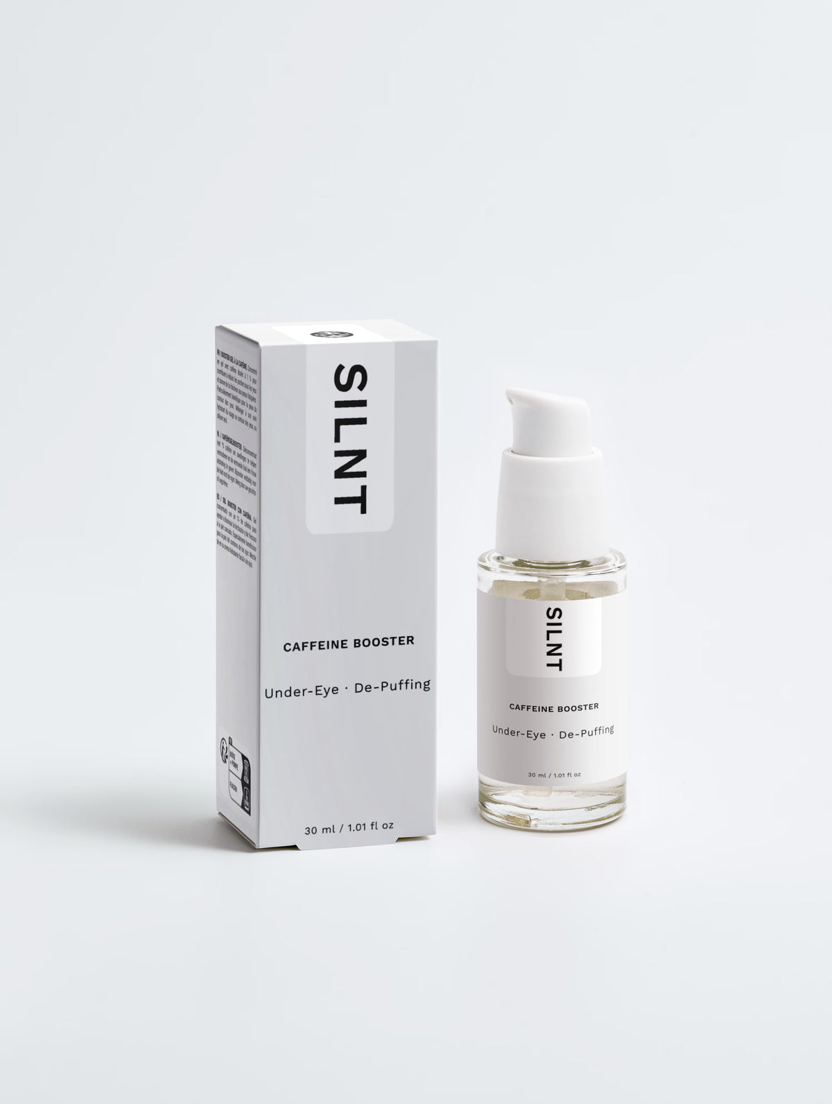 SILNT Caffeine Booster bottle beside its carton on a light grey background