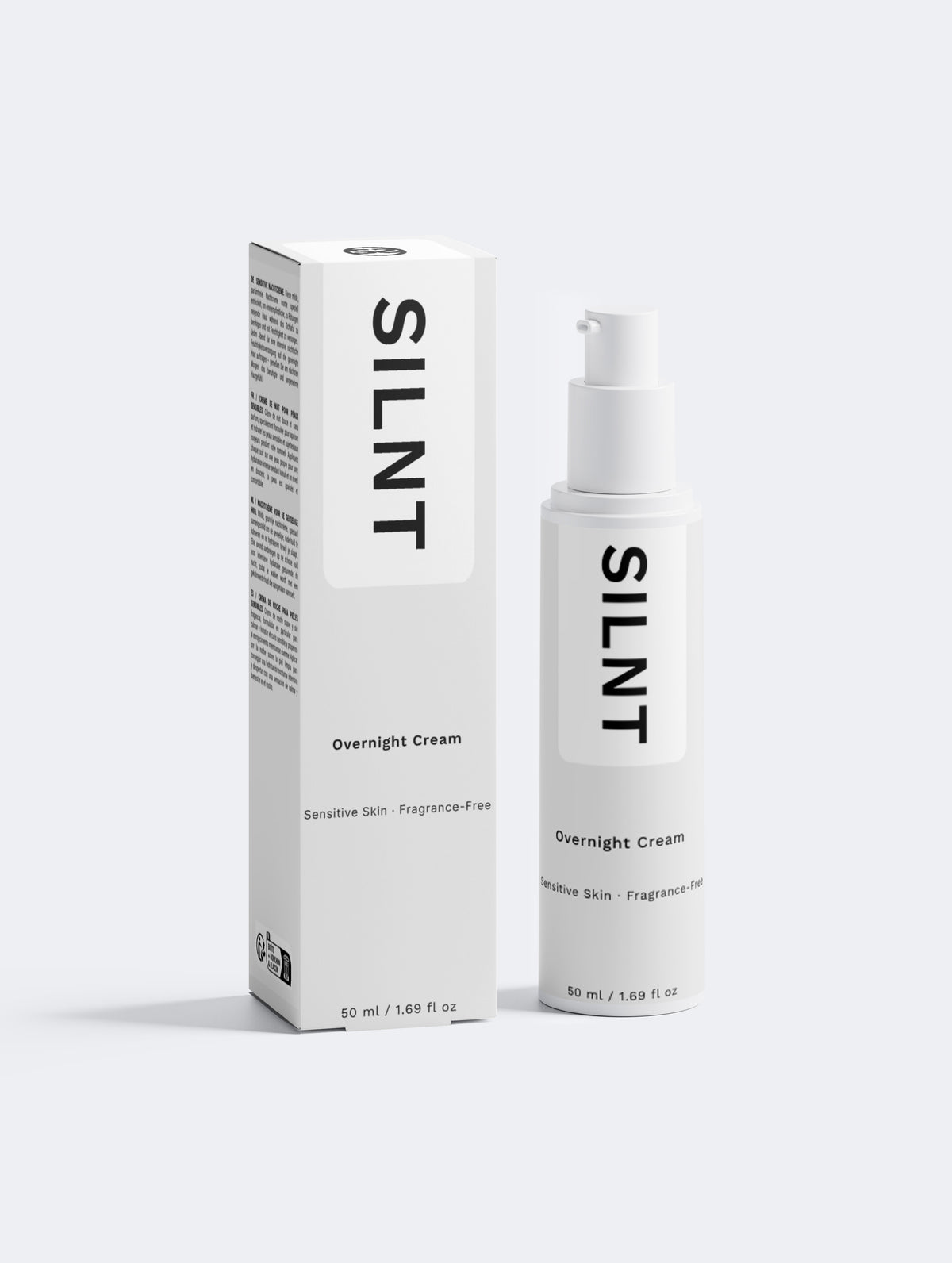 SILNT Overnight Cream bottle standing beside its white carton on a light grey background