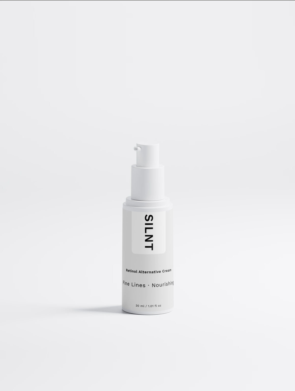 SILNT Retinol Alternative Cream white pump bottle on a light grey background