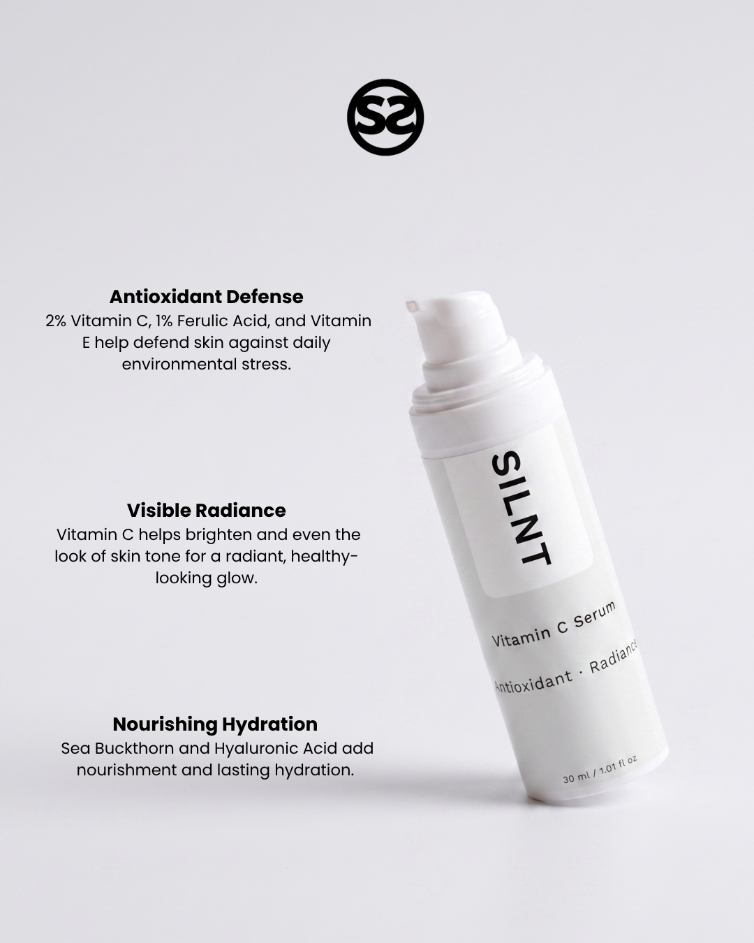 SILNT Vitamin C Serum bottle with benefits: Antioxidant Defense (2% Vitamin C, 1% Ferulic Acid, Vitamin E), Visible Radiance, Nourishing Hydration (Sea Buckthorn, Hyaluronic Acid)