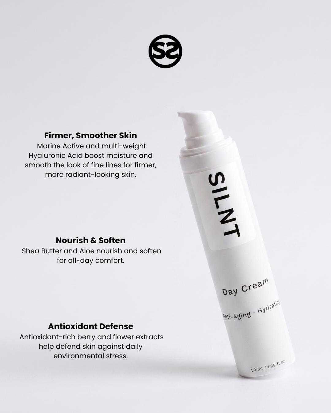 SILNT Day Cream bottle with benefits: Firmer, Smoother Skin (Marine Active, Hyaluronic Acid), Nourish & Soften (Shea Butter, Aloe), Antioxidant Defense (berry and flower extracts)