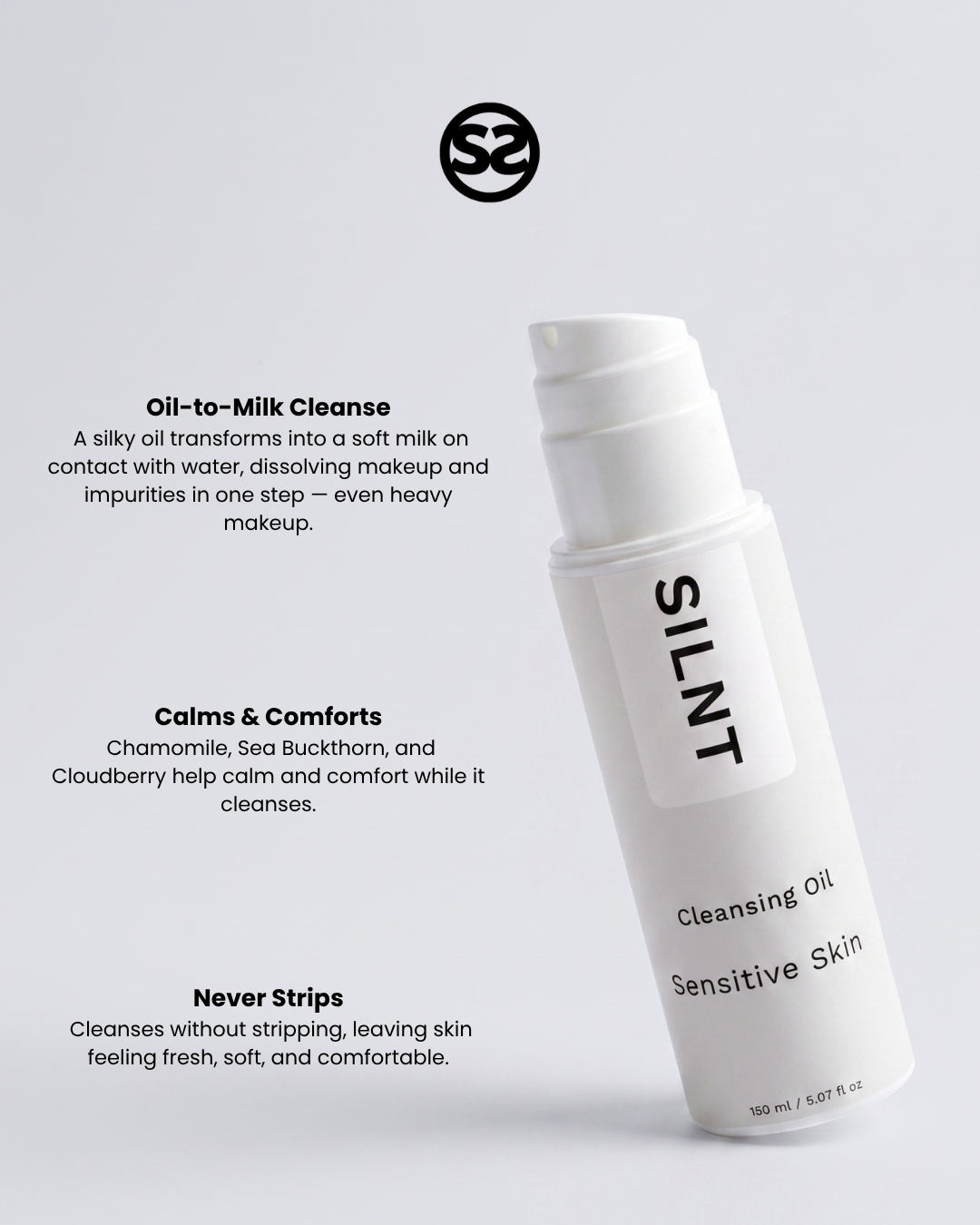SILNT Cleansing Oil pump bottle with benefits: Oil-to-Milk Cleanse, Calms & Comforts (Chamomile, Sea Buckthorn, Cloudberry), Never Strips