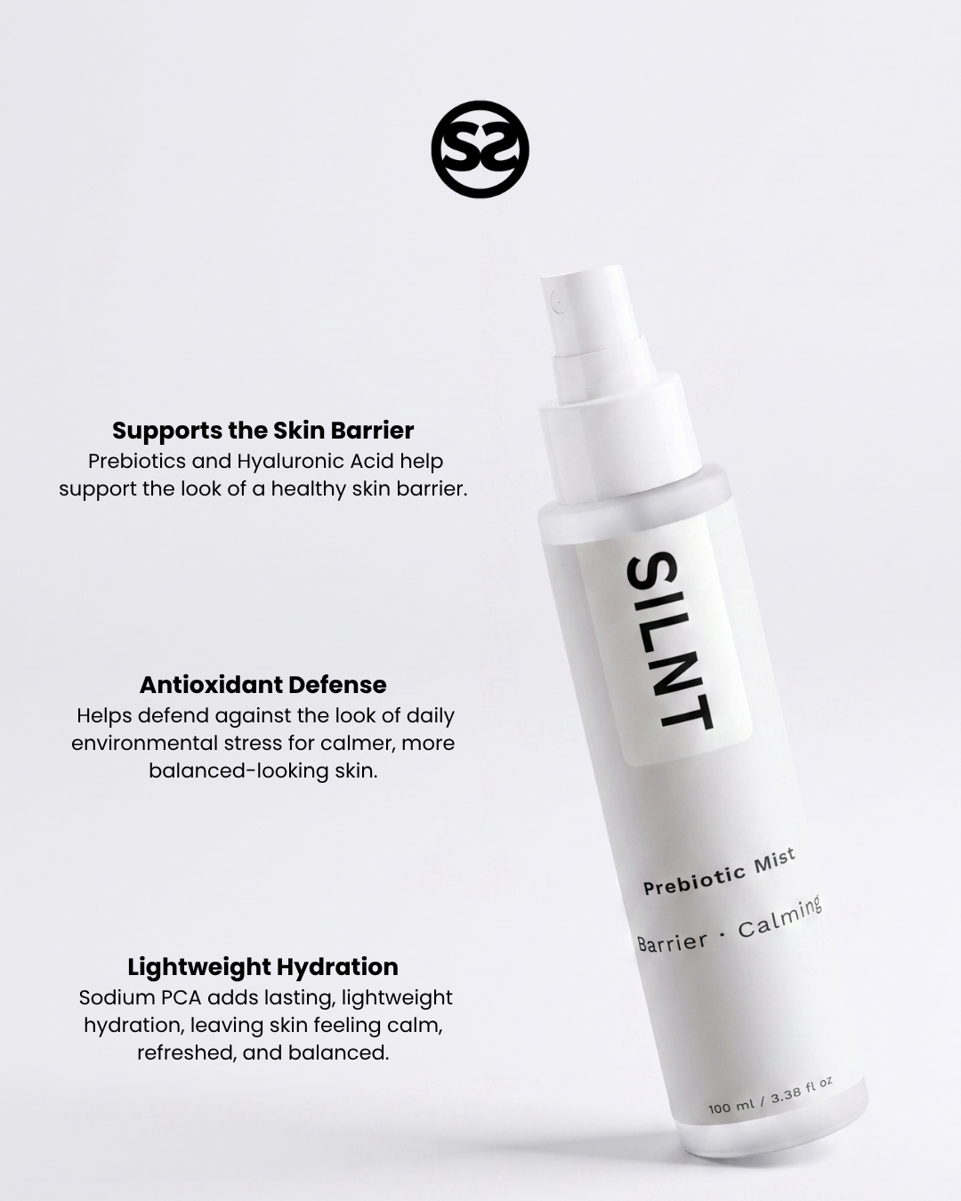 SILNT Prebiotic Mist spray bottle with benefits: Supports the Skin Barrier (Prebiotics, Hyaluronic Acid), Antioxidant Defense, Lightweight Hydration (Sodium PCA)