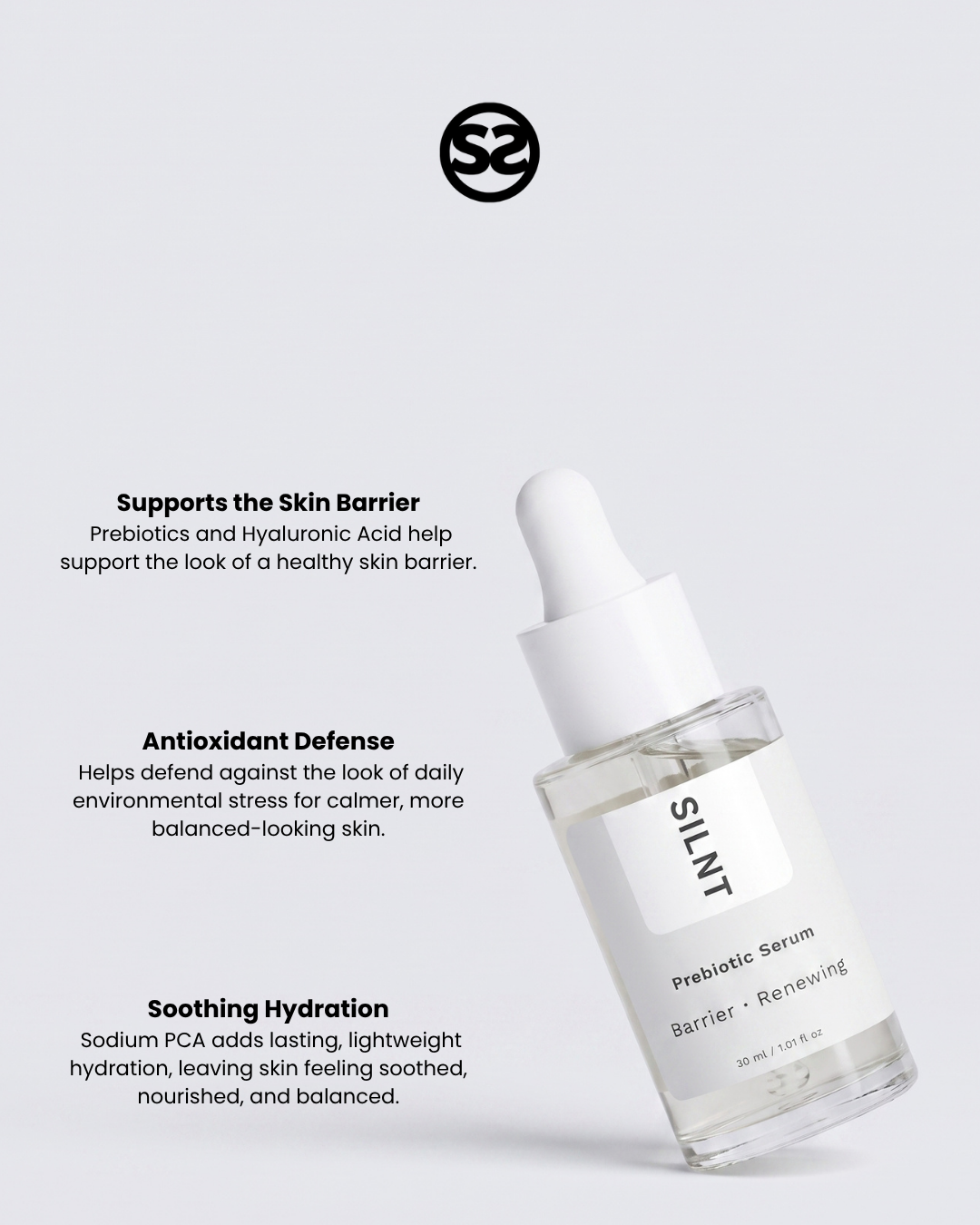 SILNT Prebiotic Serum dropper bottle with benefits: Supports the Skin Barrier (Prebiotics, Hyaluronic Acid), Antioxidant Defense, Soothing Hydration (Sodium PCA)