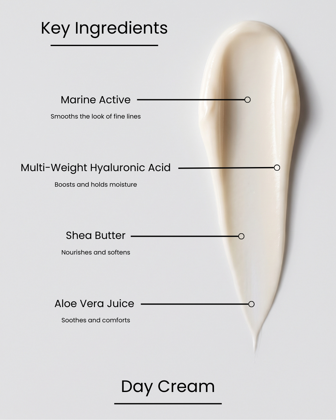 SILNT Day Cream key ingredients over a cream swatch: Marine Active (smooths fine lines), Multi-Weight Hyaluronic Acid (boosts and holds moisture), Shea Butter (nourishes and softens), Aloe Vera Juice (soothes and comforts)