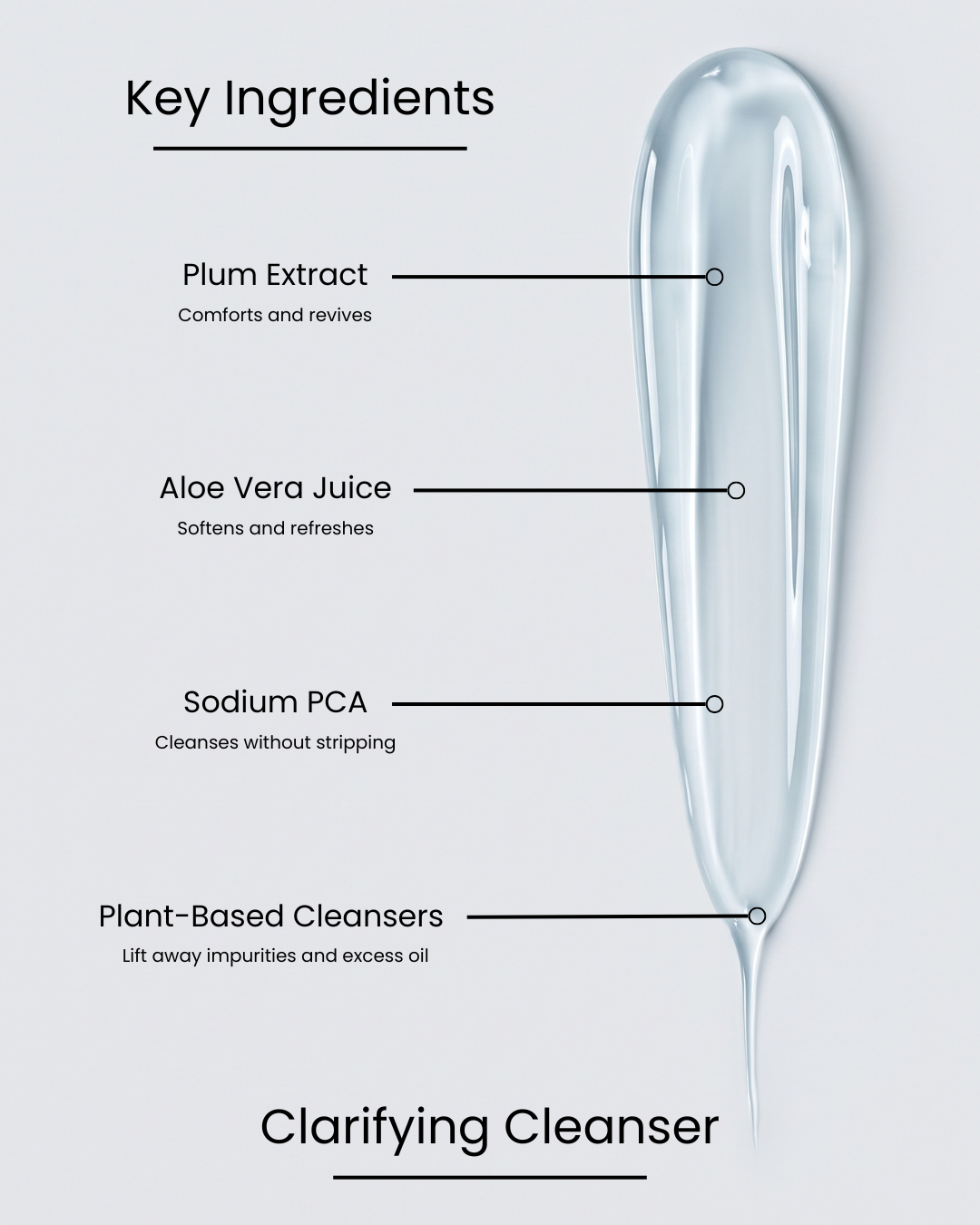 SILNT Clarifying Cleanser key ingredients over a clear gel swatch: Plum Extract (comforts and revives), Aloe Vera Juice (softens and refreshes), Sodium PCA (cleanses without stripping), Plant-Based Cleansers (lift away impurities and excess oil)