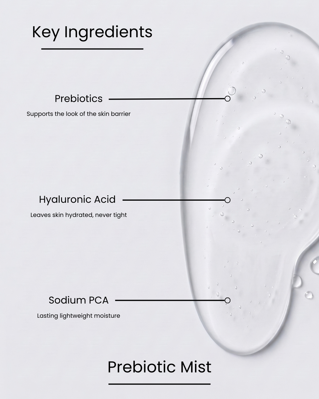 SILNT Prebiotic Mist key ingredients over a clear gel swatch: Prebiotics (supports the look of the skin barrier), Hyaluronic Acid (leaves skin hydrated, never tight), Sodium PCA (lasting lightweight moisture)