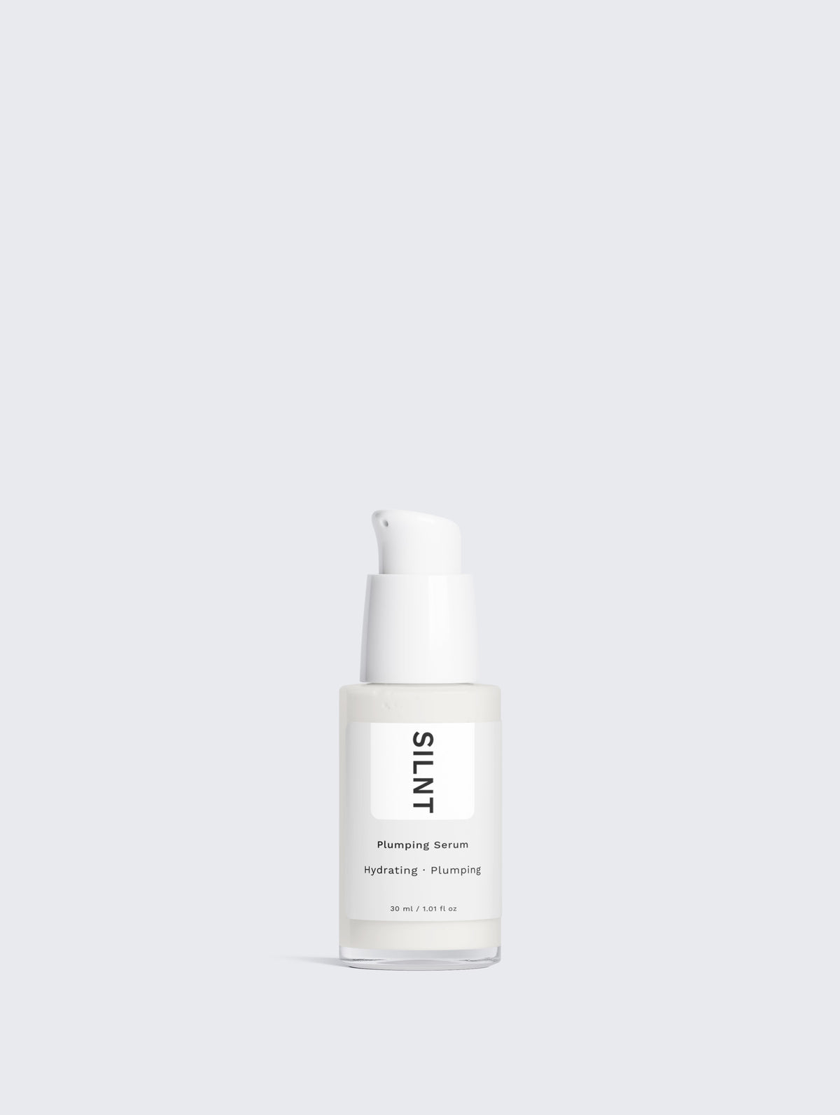 SILNT Plumping Serum frosted glass pump bottle on a light grey background