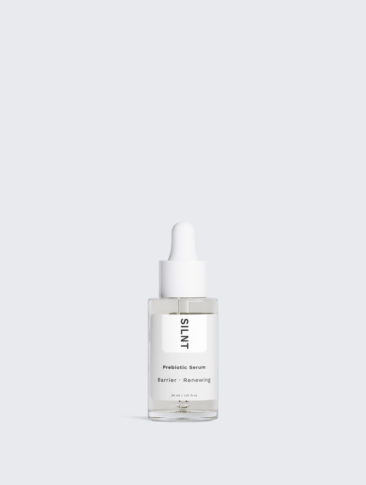 SILNT Prebiotic Serum glass dropper bottle standing on a light minimalist background