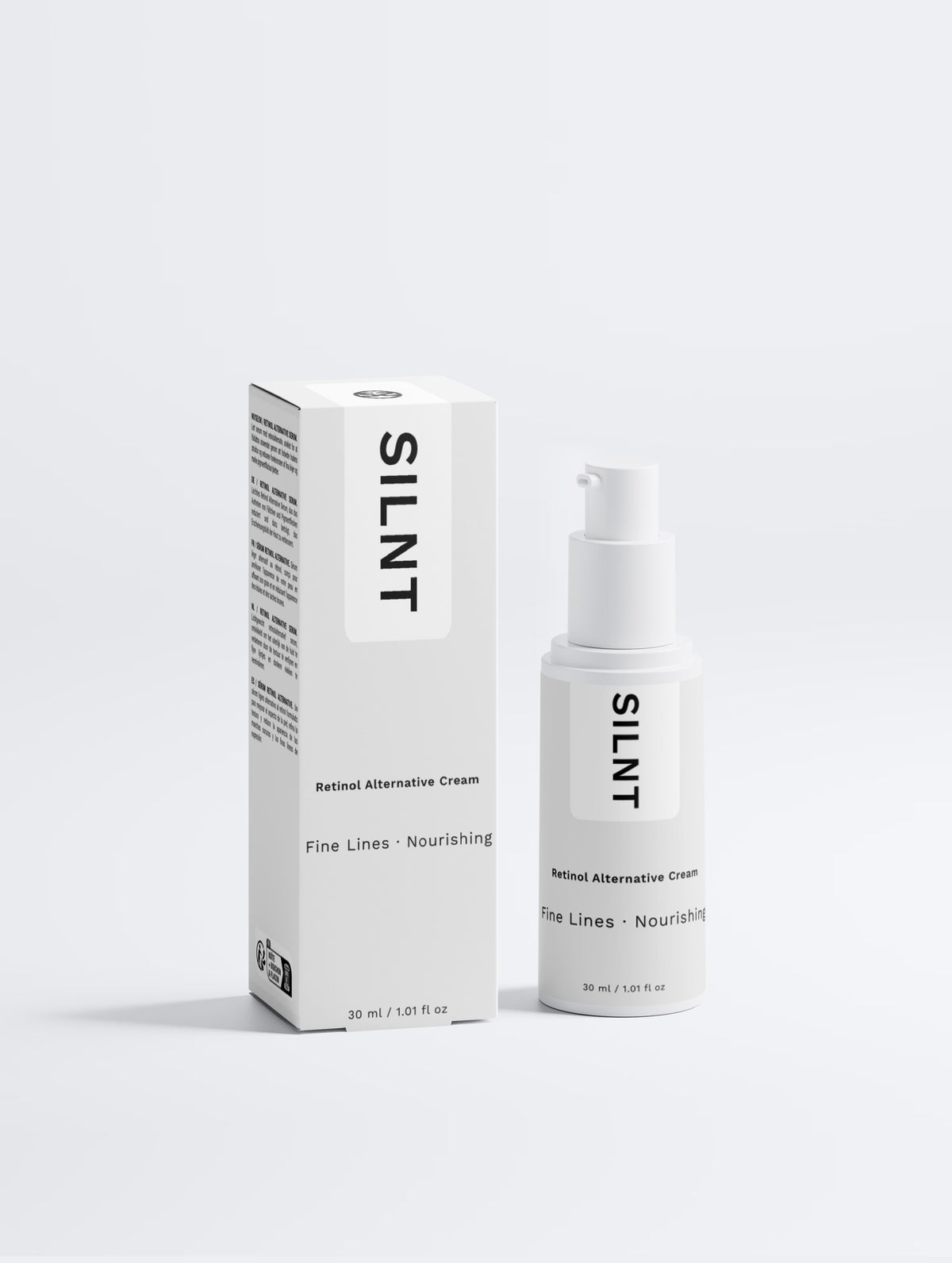 SILNT Retinol Alternative Cream bottle standing beside its carton on a light grey background