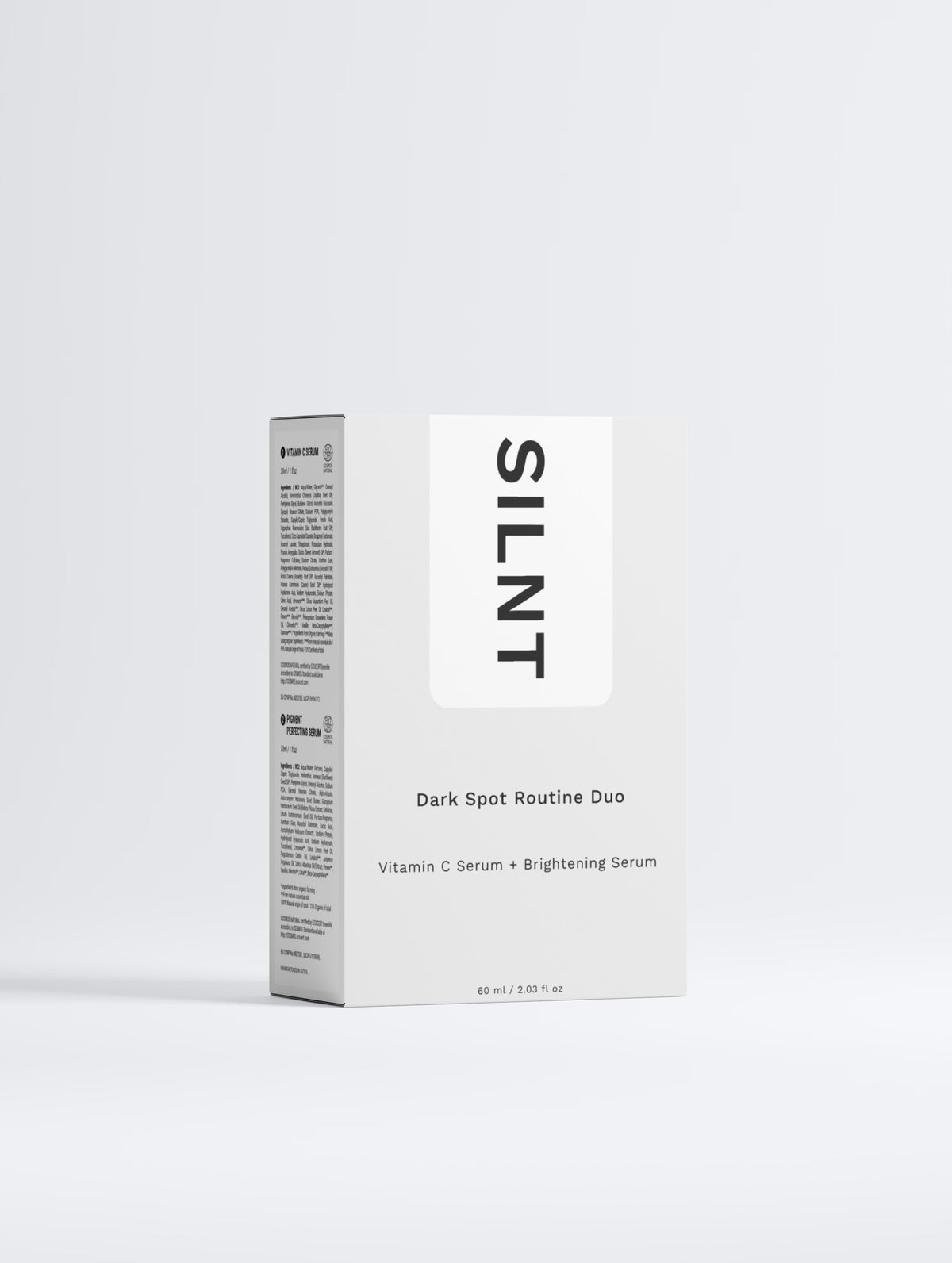 SILNT Dark Spot Routine Duo carton: Vitamin C Serum and Brightening Serum