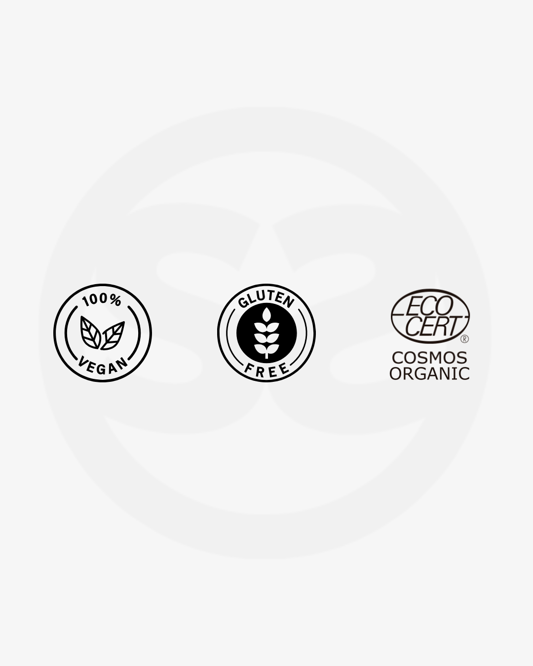 Certification badges for SILNT Facial Oil: 100% vegan, gluten free and Ecocert COSMOS Organic