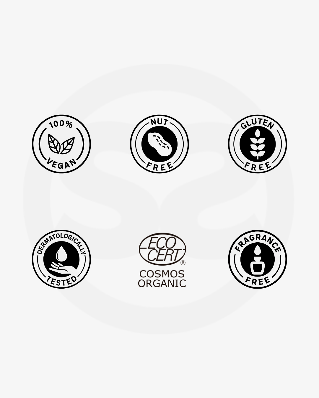 Certification badges for SILNT Overnight Cream: 100% vegan, nut free, gluten free, dermatologically tested, Ecocert COSMOS Organic and fragrance free