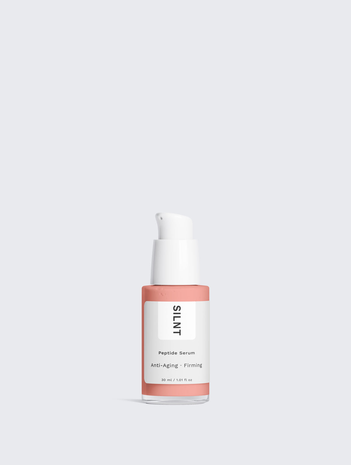 SILNT Peptide Serum white pump bottle with coral label on a light grey background