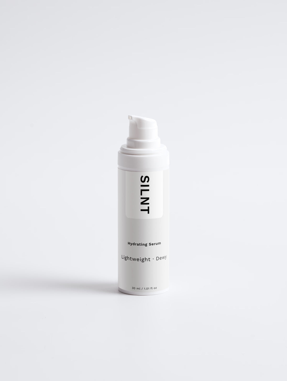 SILNT Hydrating Serum white pump bottle on a light grey background