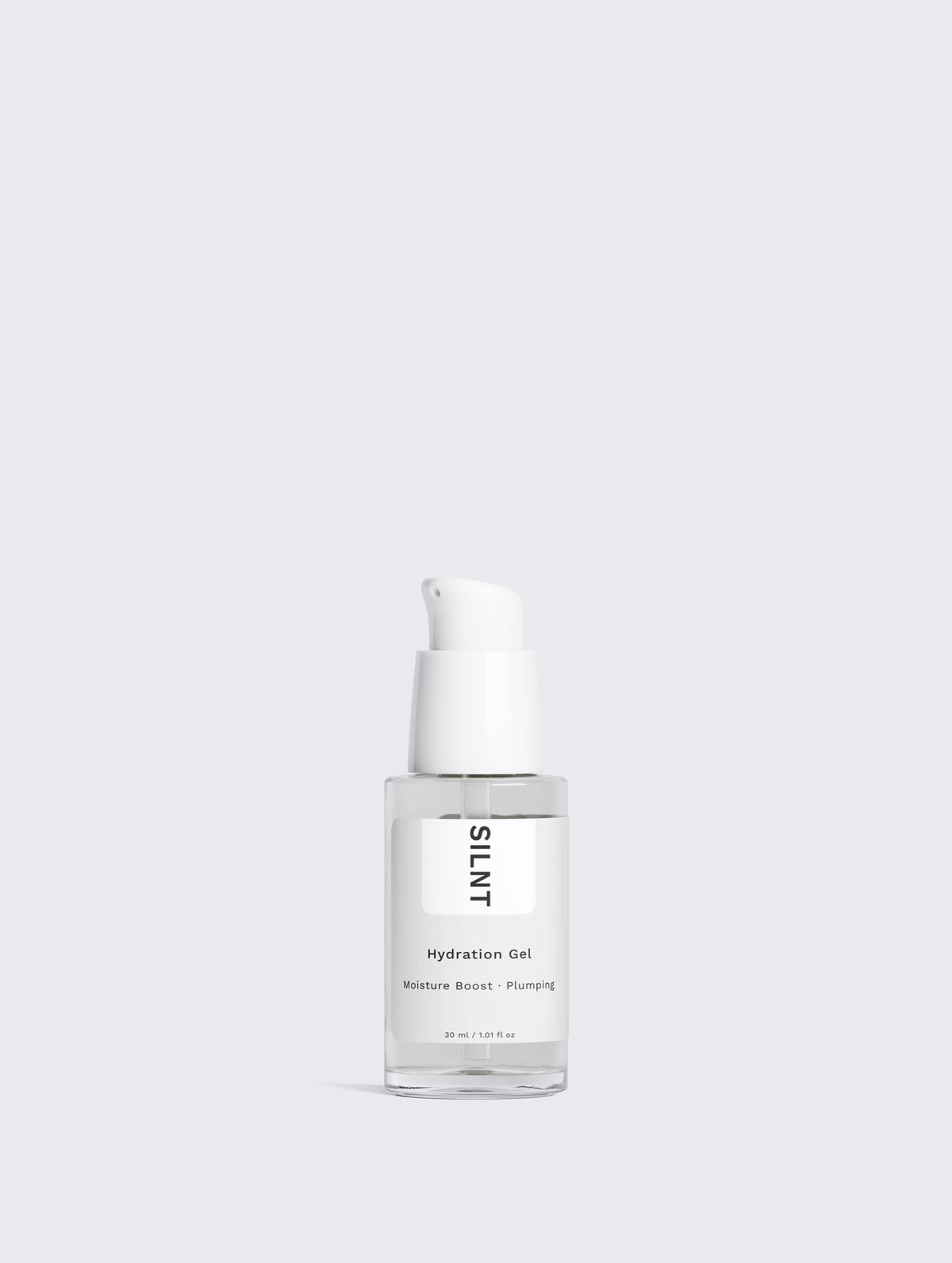 SILNT Hydration Gel clear glass bottle with a white pump on a light grey background