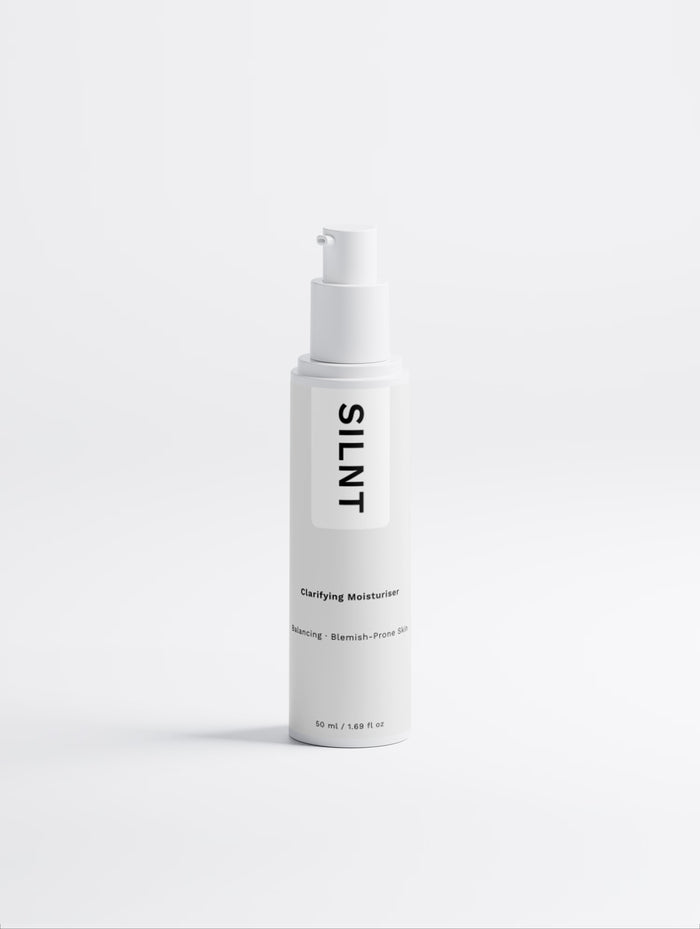 SILNT Clarifying Moisturiser white pump bottle on a light grey background