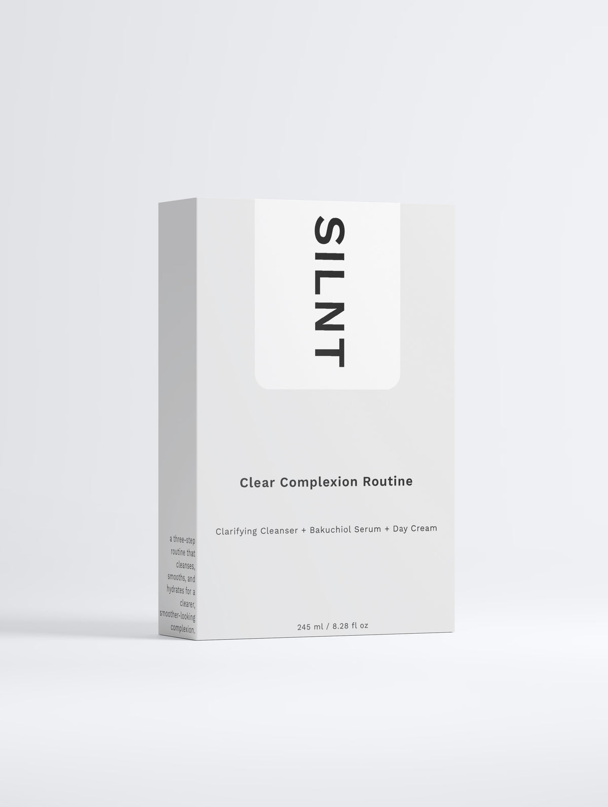 SILNT Clear Complexion Routine carton: Clarifying Cleanser, Bakuchiol Serum and Day Cream