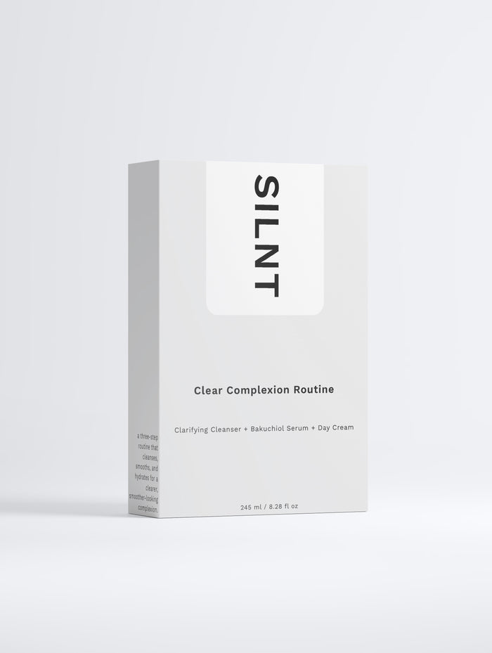 SILNT Clear Complexion Routine carton: Clarifying Cleanser, Bakuchiol Serum and Day Cream
