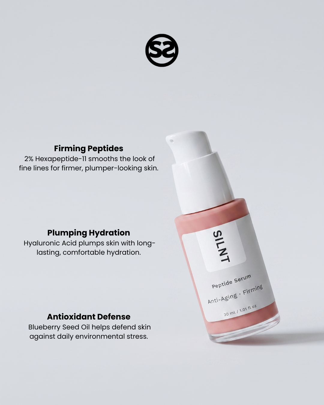 SILNT Peptide Serum bottle with benefits: Firming Peptides (2% Hexapeptide-11), Plumping Hydration (Hyaluronic Acid), Antioxidant Defense (Blueberry Seed Oil)