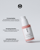 SILNT Peptide Serum bottle with benefits: Firming Peptides (2% Hexapeptide-11), Plumping Hydration (Hyaluronic Acid), Antioxidant Defense (Blueberry Seed Oil)