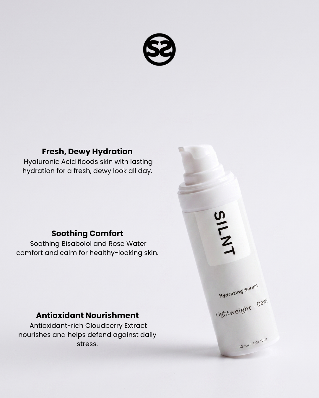 SILNT Hydrating Serum bottle with benefits: Fresh, Dewy Hydration (Hyaluronic Acid), Soothing Comfort (Bisabolol, Rose Water), Antioxidant Nourishment (Cloudberry Extract)