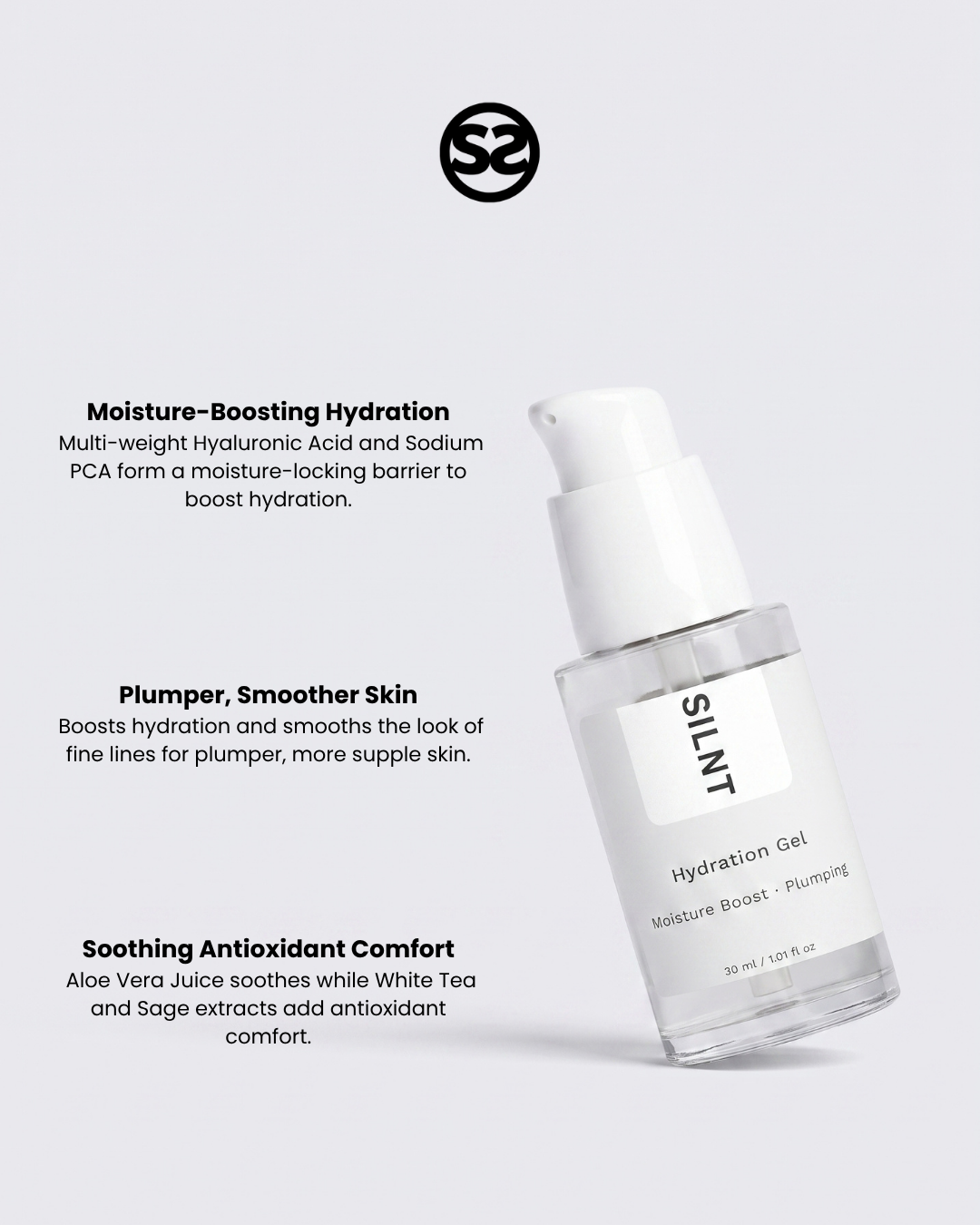 SILNT Hydration Gel bottle with benefits: Moisture-Boosting Hydration (Hyaluronic Acid, Sodium PCA), Plumper, Smoother Skin, Soothing Antioxidant Comfort (Aloe Vera, White Tea, Sage)