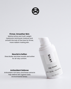 SILNT Day Cream bottle with benefits: Firmer, Smoother Skin (Marine Active, Hyaluronic Acid), Nourish & Soften (Shea Butter, Aloe), Antioxidant Defense (berry and flower extracts)