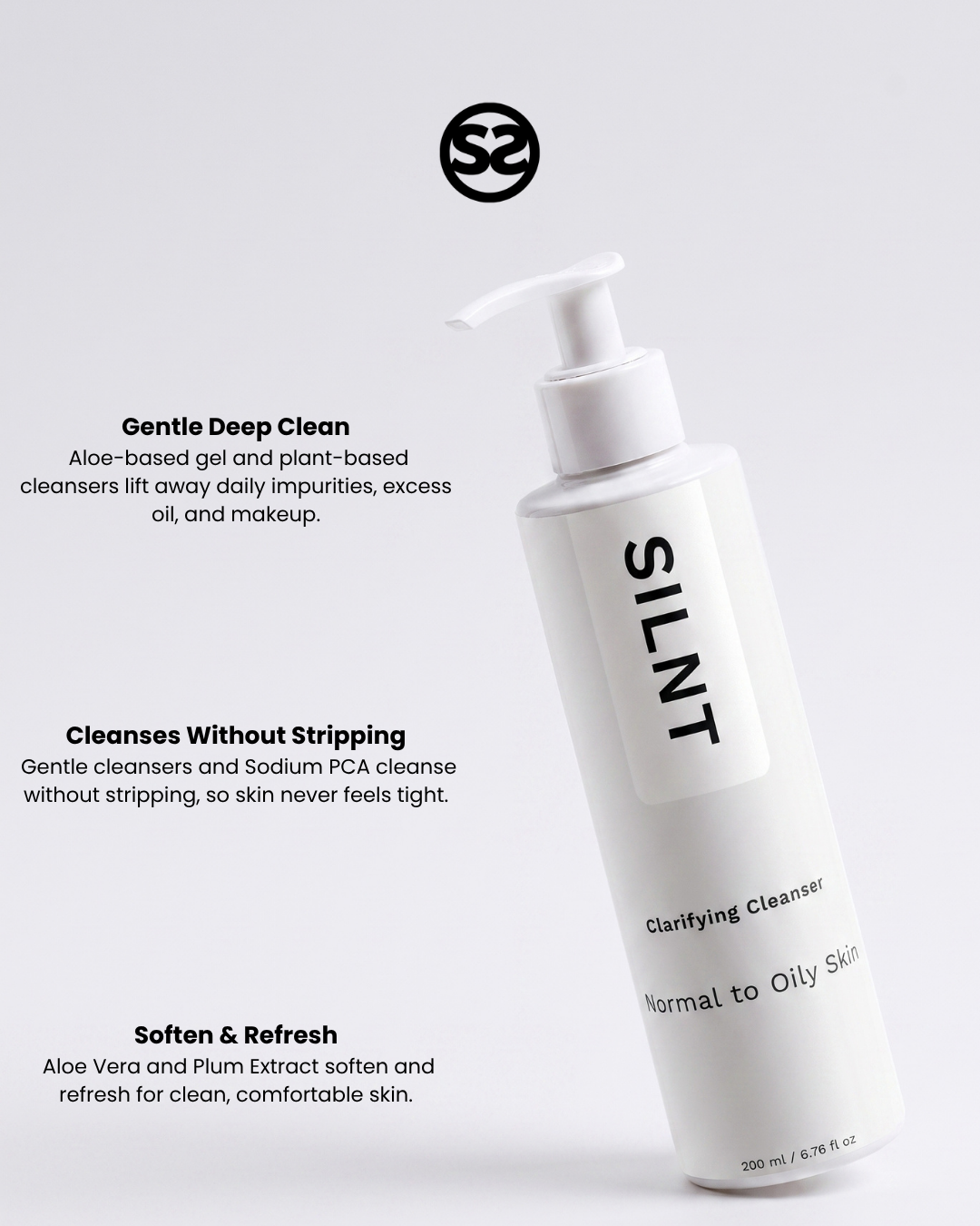 SILNT Clarifying Cleanser bottle with benefits: Gentle Deep Clean (aloe-based gel), Cleanses Without Stripping (Sodium PCA), Soften & Refresh (Aloe Vera, Plum Extract)