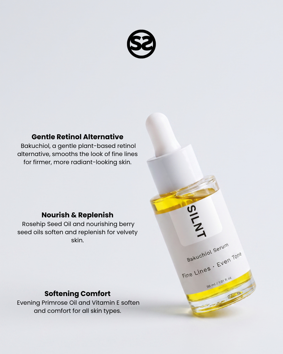 SILNT Bakuchiol Serum dropper bottle with benefits: Gentle Retinol Alternative (Bakuchiol), Nourish & Replenish (Rosehip Seed Oil), Softening Comfort (Evening Primrose Oil, Vitamin E)