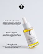 SILNT Bakuchiol Serum dropper bottle with benefits: Gentle Retinol Alternative (Bakuchiol), Nourish & Replenish (Rosehip Seed Oil), Softening Comfort (Evening Primrose Oil, Vitamin E)
