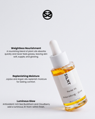 SILNT Facial Oil dropper bottle with benefits: Weightless Nourishment (plant oils), Replenishing Moisture (Jojoba, Argan), Luminous Glow (Sea Buckthorn, Cloudberry)