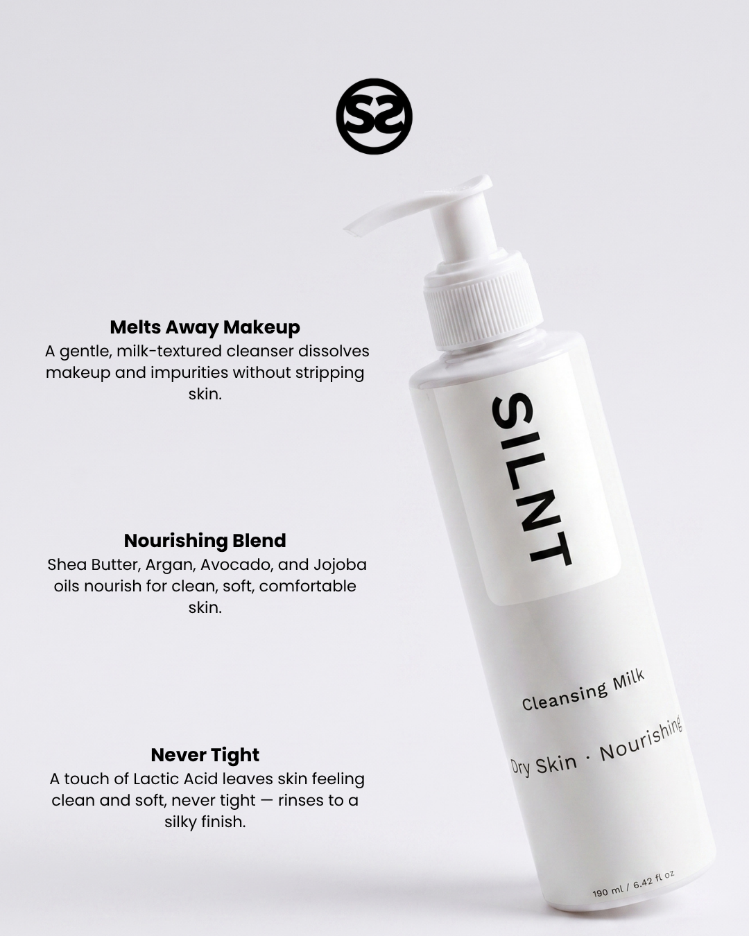 SILNT Cleansing Milk pump bottle with benefits: Melts Away Makeup (milk-textured cleanser), Nourishing Blend (Shea Butter, Argan, Avocado, Jojoba), Never Tight (Lactic Acid)