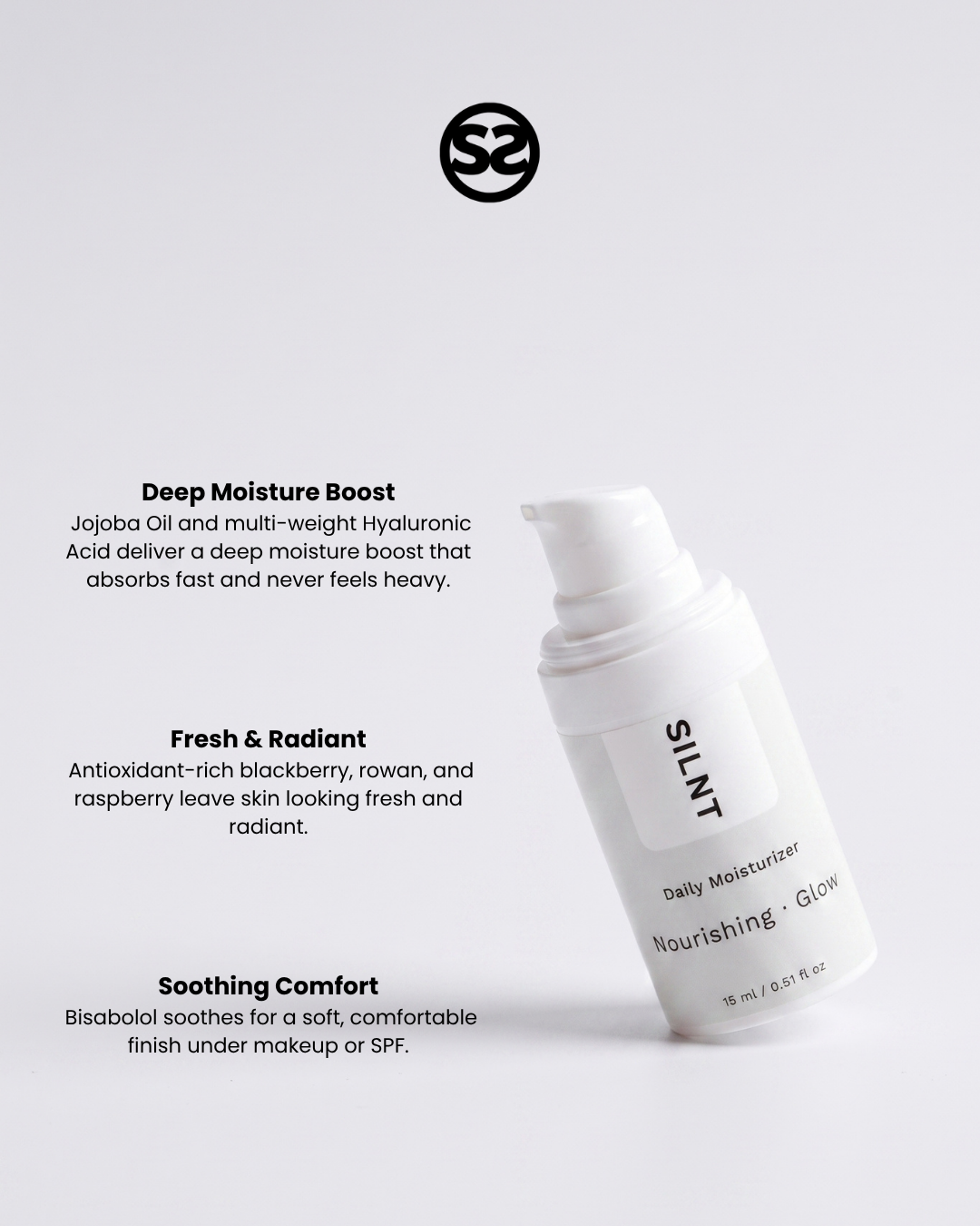 SILNT Daily Moisturizer pump bottle with benefits: Deep Moisture Boost (Jojoba Oil, Hyaluronic Acid), Fresh & Radiant (blackberry, rowan, raspberry), Soothing Comfort (Bisabolol)