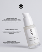 SILNT Plumping Serum pump bottle with benefits: Plumper, Dewier Skin (Hyaluronic Acid), Lasting Moisture Boost (Hyaluronic Acid, Sodium PCA), Fresh & Revived (Watercress, Elderberry)