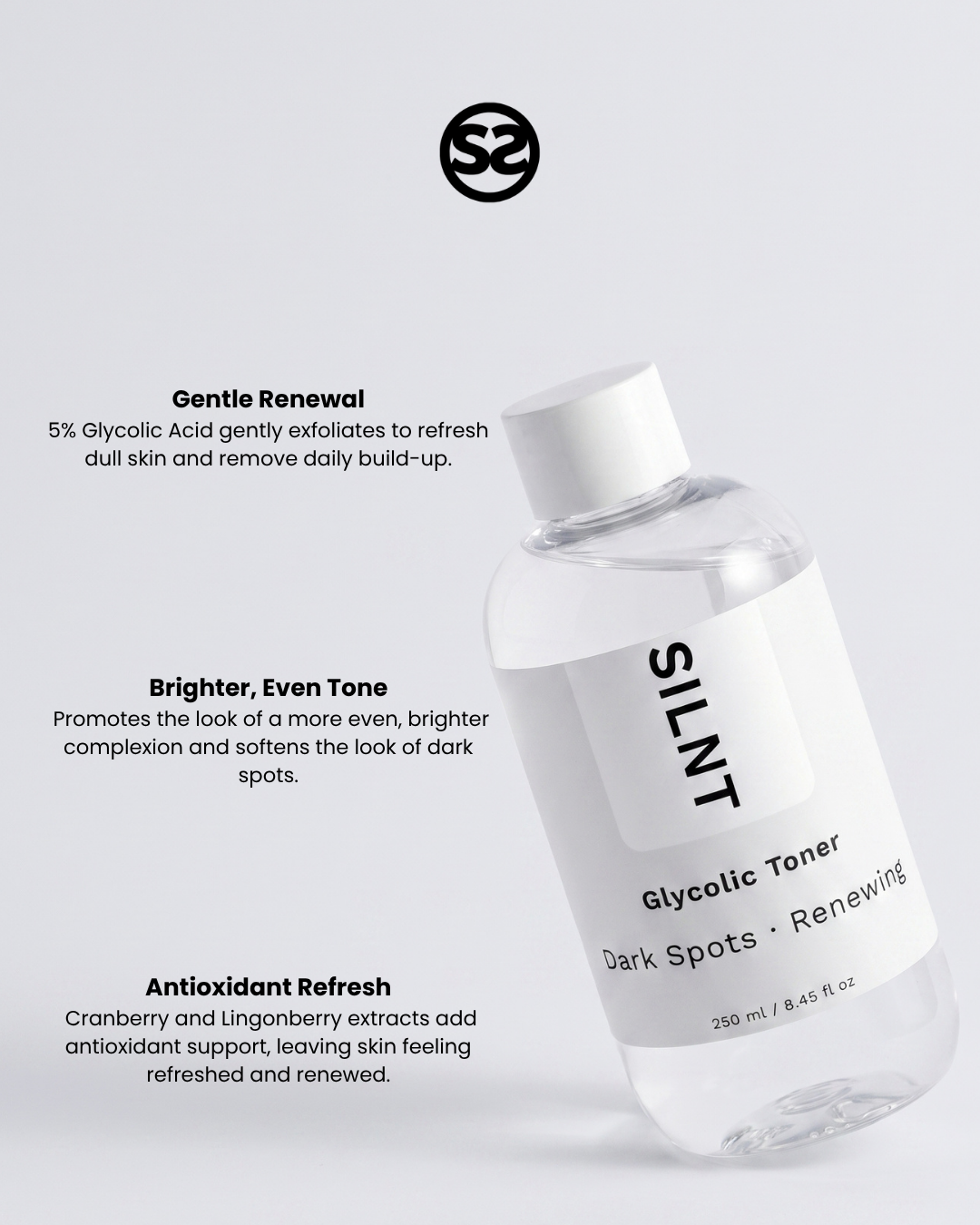 SILNT Glycolic Toner bottle with benefits: Gentle Renewal (Glycolic Acid), Brighter, Even Tone, Antioxidant Refresh (Cranberry, Lingonberry)