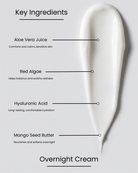 SILNT Overnight Cream key ingredients over a cream swatch: Aloe Vera Juice (comforts sensitive skin), Red Algae (soothes redness), Hyaluronic Acid (hydration), Mango Seed Butter (nourishes overnight)
