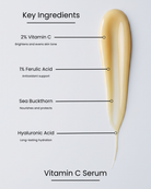 SILNT Vitamin C Serum key ingredients over a golden serum swatch: 2% Vitamin C (brightens and evens tone), 1% Ferulic Acid (antioxidant), Sea Buckthorn (nourishes and protects), Hyaluronic Acid (hydration)