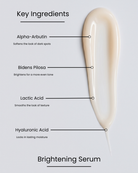 SILNT Brightening Serum key ingredients over a serum swatch: Alpha-Arbutin (softens dark spots), Bidens Pilosa (brightens for even tone), Lactic Acid (smooths texture), Hyaluronic Acid (locks in moisture)