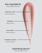 SILNT Hydrating Serum key ingredients over a pink serum swatch: Hyaluronic Acid (lasting hydration), Bisabolol (soothes and calms), Rose Water (comforts and refreshes), Cloudberry Extract (antioxidant nourishment)