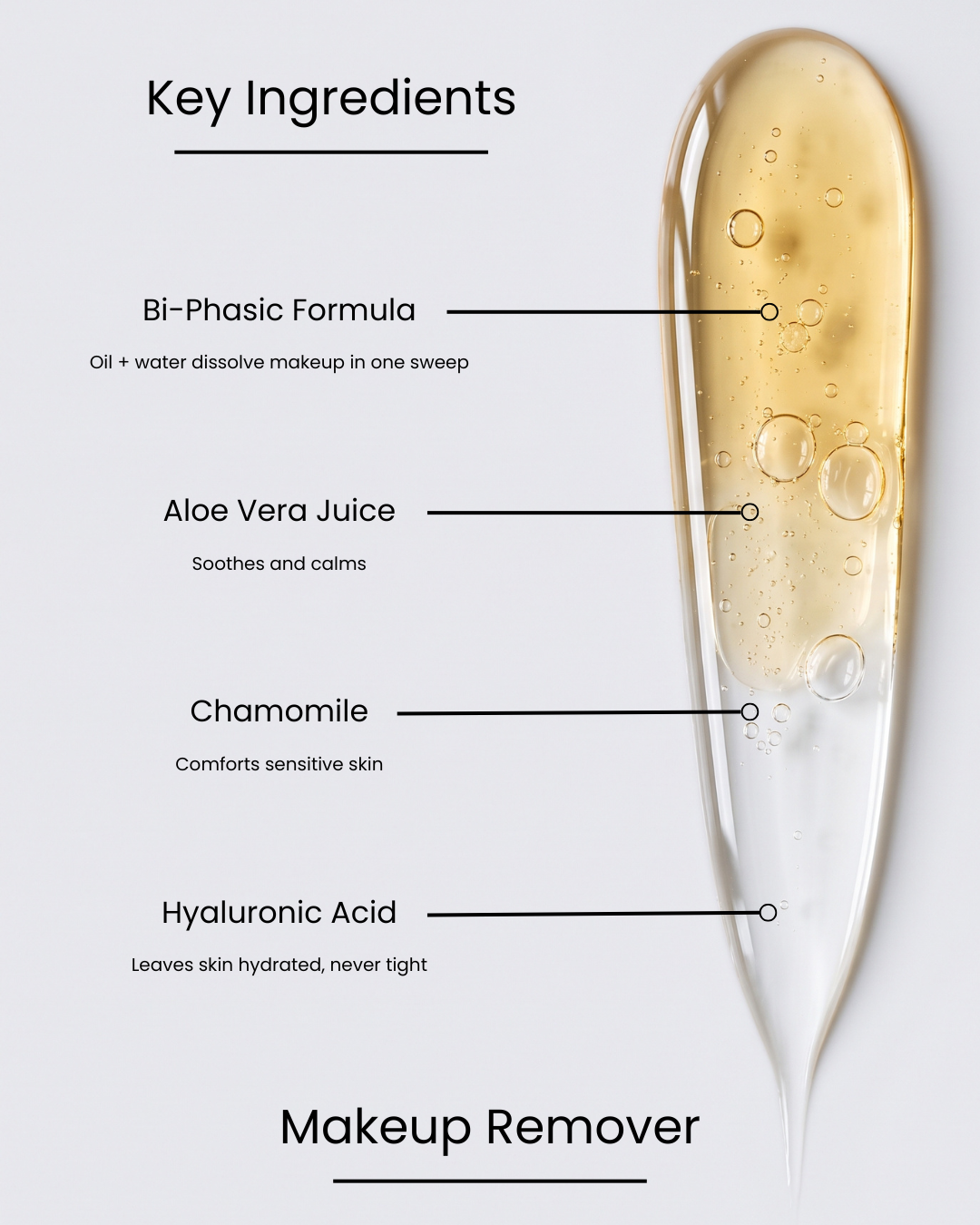 SILNT Makeup Remover key ingredients over a bi-phasic oil-and-water swatch: Bi-Phasic Formula (oil + water dissolve makeup in one sweep), Aloe Vera Juice (soothes and calms), Chamomile (comforts sensitive skin), Hyaluronic Acid (leaves skin hydrated, never tight)