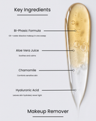 SILNT Makeup Remover key ingredients over a bi-phasic oil-and-water swatch: Bi-Phasic Formula (oil + water dissolve makeup in one sweep), Aloe Vera Juice (soothes and calms), Chamomile (comforts sensitive skin), Hyaluronic Acid (leaves skin hydrated, never tight)