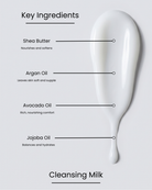 SILNT Cleansing Milk key ingredients over a white milky swatch: Shea Butter (nourishes and softens), Argan Oil (leaves skin soft and supple), Avocado Oil (rich, nourishing comfort), Jojoba Oil (balances and hydrates)