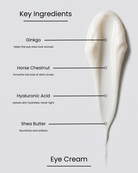 SILNT Eye Cream key ingredients over a cream swatch: Ginkgo (helps the eye area look revived), Horse Chestnut (smooths the look of dark circles), Hyaluronic Acid (leaves skin hydrated, never tight), Shea Butter (nourishes and softens)