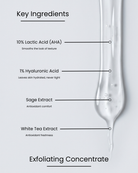 SILNT Exfoliating Concentrate key ingredients over a clear gel swatch: 10% Lactic Acid (AHA) (smooths the look of texture), 1% Hyaluronic Acid (leaves skin hydrated, never tight), Sage Extract (antioxidant comfort), White Tea Extract (antioxidant freshness)