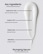 SILNT Plumping Serum key ingredients over a white swatch: Hyaluronic Acid (leaves skin hydrated, never tight), Sodium PCA (supports the look of plumpness), Watercress (antioxidant freshness), Elderberry (antioxidant comfort)