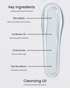 SILNT Cleansing Oil key ingredients over a clear swatch: Glycolipids (melt away makeup and impurities), Sunflower Oil (nourishing, gentle cleansing), Chamomile (comforts sensitive skin), Sea Buckthorn (antioxidant nourishment)