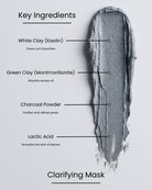 SILNT Clarifying Mask key ingredients over a grey clay swatch: White Clay (Kaolin) (draws out impurities), Green Clay (Montmorillonite) (absorbs excess oil), Charcoal Powder (purifies and refines pores), Lactic Acid (smooths the look of texture)