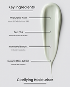 SILNT Clarifying Moisturiser key ingredients over a pale green cream swatch: Hyaluronic Acid (leaves skin hydrated, never tight), Zinc PCA (balances the look of oily skin), Mate Leaf Extract (antioxidant protection), Iceland Moss Extract (soothes and comforts)