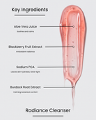 SILNT Radiance Cleanser key ingredients over a pink gel swatch: Aloe Vera Juice (soothes and calms), Blackberry Fruit Extract (antioxidant radiance), Sodium PCA (leaves skin hydrated, never tight), Burdock Root Extract (calming botanical comfort)